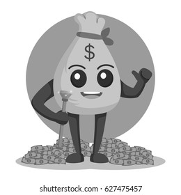 black and white money sack character with his wealth black and white style