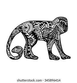 Black and white monkey with hand-drawn zentangle style pattern