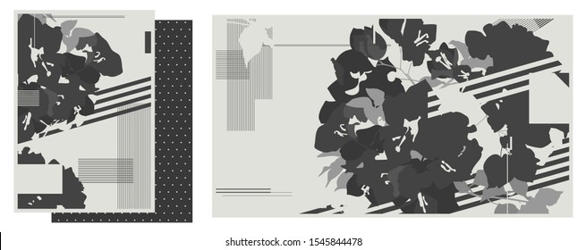 Black and white mono tone of Bougainvillea flowers shape and geometric line and shape decoration, simple print template