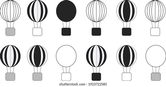 black and white monochome set of linear balloons icons, aerostat line art