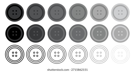 Ilustración de la etiqueta engomada del icono del Botón monocromático blanco y negro aislado. Conjunto de Botones monocromáticos en estilo sin líneas y con contornos negros con diferentes pesos de línea. Vector 10. Gris.