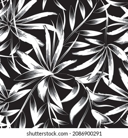 black and white monochromatic color style bamboo leaves seamless pattern fashionable with tropical plants and foliage on night background. vector design decorative. Exotic tropics. Summer design. 