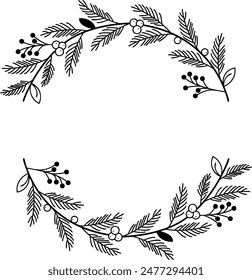 Black and White Monochromatic Floral Wreath with Leaves and Berries on White Background. Minimalistic Botanical Round Border.