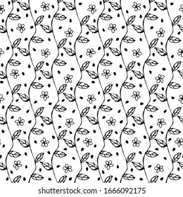 Black White Monochromatic Leaf Flower Seamless Pattern Design Background Stylized