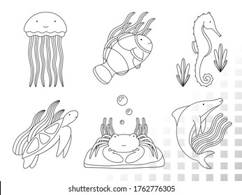 Black and white monochrome animals. Cute children`s illustrations. Coloring in the style of line art. Vector sea animals. Jellyfish, clownfish, seahorse, turtle, crab, dolphin. The lines are merged.