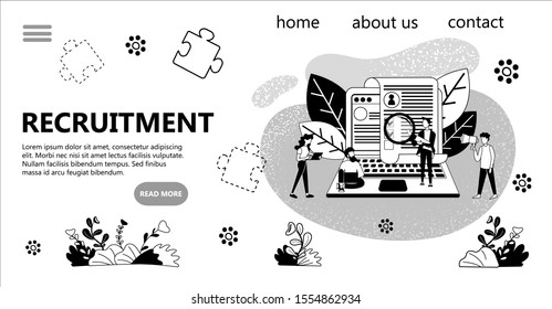 Black and White Monochrome Banner Vector Illustration Concept Recruitment. Job Search, Employee Search, Teamwork. Employees of the Office of Tiny People study Resumes Online. 