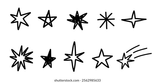 Black white monochrome bright star blinking spark doodle sketch scribble decorative yellow golden vector illustrations set 