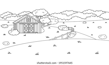 Schwarz-weiß-einfarbige Cartoon-Doodle Vektorgrafik süße Sommer-oder Frühlingsfarm auf dem Land. rote Scheune, Zaun, Felder und Bäume, Büsche und Pflanzen für den Hintergrund des Tierlebens, Farbbücher