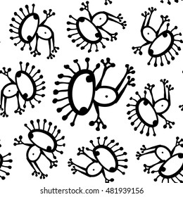 Black white monochrome doodle alien frog seamless pattern vector