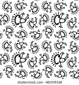 Black white monochrome doodle alien frog seamless pattern vector
