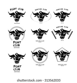 Black and white monochrome emblem, symbol, logotype, sign, badge, sticker, poster of a bull, buffalo, cow. Identity, T-shirt, textile, cloth, apparel, tattoo, print usage
