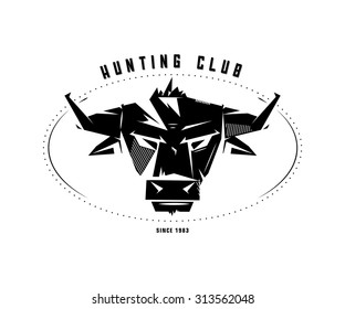 Black and white monochrome emblem, symbol, logotype, sign, badge, sticker, poster of a bull, buffalo, cow. Identity, T-shirt, textile, cloth, apparel, tattoo, print usage