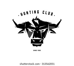 Black and white monochrome emblem, symbol, logotype, sign, badge, sticker, poster of a bull, buffalo, cow. Identity, T-shirt, textile, cloth, apparel, tattoo, print usage