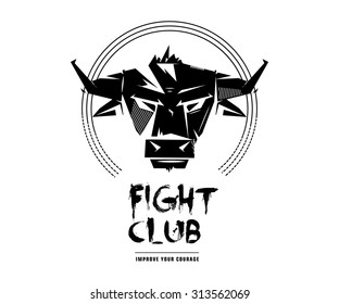 Black and white monochrome emblem, symbol, logotype, sign, badge, sticker, poster of a bull, buffalo, cow. Identity, T-shirt, textile, cloth, apparel, tattoo, print usage