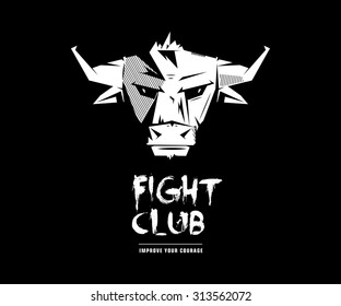 Black and white monochrome emblem, symbol, logotype, sign, badge, sticker, poster of a bull, buffalo, cow. Identity, T-shirt, textile, cloth, apparel, tattoo, print usage