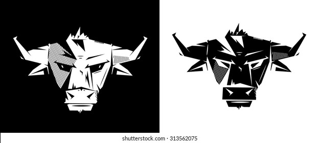 Black and white monochrome emblem, symbol, logotype, sign, badge, sticker, poster of a bull, buffalo, cow. Identity, T-shirt, textile, cloth, apparel, tattoo, print usage