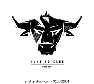 Black and white monochrome emblem, symbol, logotype, sign, badge, sticker, poster of a bull, buffalo, cow. Identity, T-shirt, textile, cloth, apparel, tattoo, print usage
