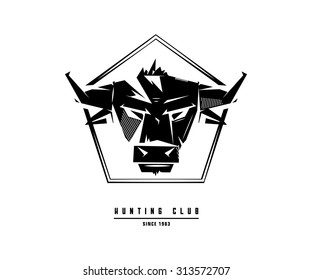 Black and white monochrome emblem, symbol, logotype, sign, badge, sticker, poster of a bull, buffalo, cow. Identity, T-shirt, textile, cloth, apparel, tattoo, print usage