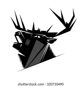 Black and white monochrome emblem, symbol, logotype, sign, badge, sticker, poster of a bear, dog, wolf. Identity, T-shirt, textile, cloth, apparel, tattoo, print usage