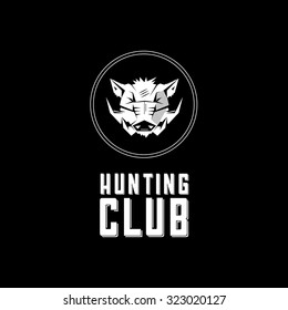 Black and white monochrome emblem, symbol, logotype, sign, badge, sticker, poster of a wild boar, pig, hog, swine. Identity, T-shirt, textile, cloth, apparel, tattoo, print usage