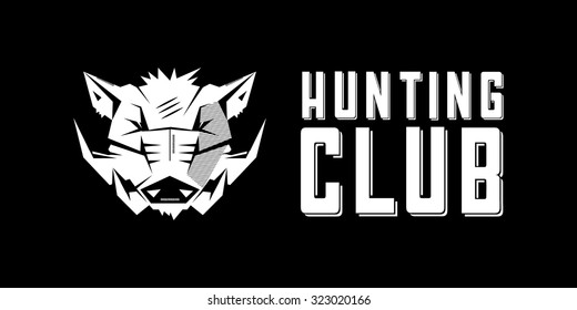 Black and white monochrome emblem, symbol, logotype, sign, badge, sticker, poster of a wild boar, pig, hog, swine. Identity, T-shirt, textile, cloth, apparel, tattoo, print usage