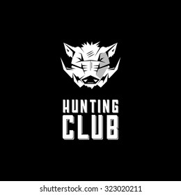 Black and white monochrome emblem, symbol, logotype, sign, badge, sticker, poster of a wild boar, pig, hog, swine. Identity, T-shirt, textile, cloth, apparel, tattoo, print usage