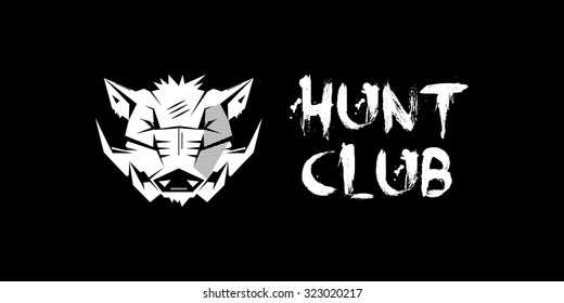 Black and white monochrome emblem, symbol, logotype, sign, badge, sticker, poster of a wild boar, pig, hog, swine. Identity, T-shirt, textile, cloth, apparel, tattoo, print usage