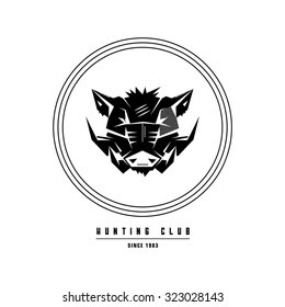 Black and white monochrome emblem, symbol, logotype, sign, badge, sticker, poster of a wild boar, pig, hog, swine. Identity, T-shirt, textile, cloth, apparel, tattoo, print usage