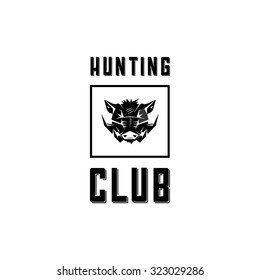 Black and white monochrome emblem, symbol, logotype, sign, badge, sticker, poster of a wild boar, pig, hog, swine. Identity, T-shirt, textile, cloth, apparel, tattoo, print usage