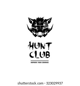 Black and white monochrome emblem, symbol, logotype, sign, badge, sticker, poster of a wild boar, pig, hog, swine. Identity, T-shirt, textile, cloth, apparel, tattoo, print usage