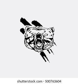 Black and white monochrome emblem, symbol, logotype, sign, badge, sticker, poster, stencil of bear. Identity, T-shirt, textile, cloth, apparel, tattoo, print
