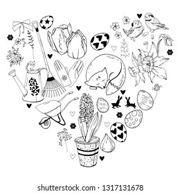Black and white monochrome heart with different gardening tools, eggs and flowers. 