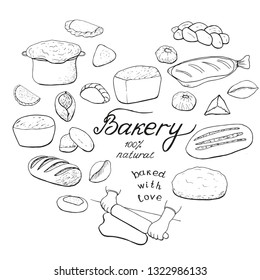 Black and white monochrome heart with various pastries, dough, bread and pies. Bakery. Coloring. For design, menu. Hand lettering bakery.