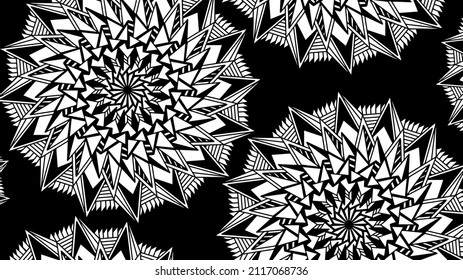 black and white monochrome mandala, with geometric elements, symmetrical, circular design, vector illustration