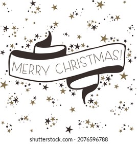 Black and white monochrome merry christmas ribbon typography icon with gold star background, simple vintage retro, wallpaper, fashion print, textile pattern, scrapbooking, invitation, card, decoration