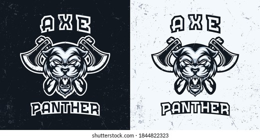 black and white monochrome panther head with axe mascot logo illustration