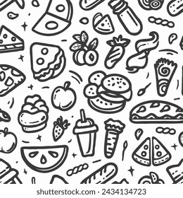 black and white monochrome pattern of different foods