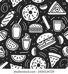 black and white monochrome pattern of different graffiti style fast foods