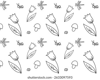 Padrão de doodle sem costura monocromático preto e branco, natureza, libélula, formiga, besouro, cogumelos