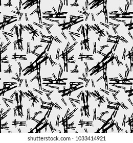 Black and white monochrome seamless pattern with little stripes and dashes as print for clothes or wrapping paper. Also usable as backdrop for sites and computer wallpaper