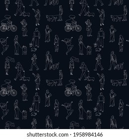 Black and white monochrome seamless pattern with many walking and standing people in summer clothes. Line art. On black background.