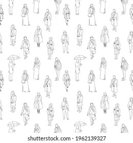 Patrón monocromo blanco y negro sin fisuras con muchas personas caminando y de pie en ropa cálida. Arte de línea. Sobre fondo blanco.