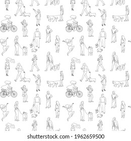Black and white monochrome seamless pattern with many walking and standing people in summer clothes. Line art. On white background.