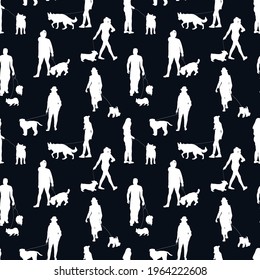 Black and white monochrome seamless pattern with silhouettes of many people walking with dogs. On black background.
