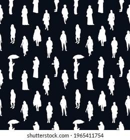 Black and white monochrome seamless pattern with silhouettes of many walking and standing people in warm clothes. On black background.