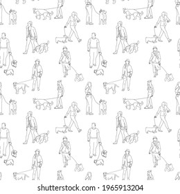 Black and white monochrome seamless pattern with many people walking with dogs. Line art. On white background.