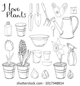 Black and white monochrome set with different gardening tools. Object for growing plants at home isolated on white background