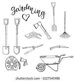 Black and white monochrome set with different gardening tools. Object for growing plants isolated on white background