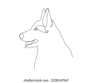 black and white monochrome shepherd dog head hand-drawn monoline, one line art. Pet store logo