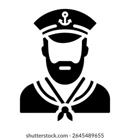 "Black and White Monochrome Vector Icon of a Bearded Sailor with Anchor Hat"